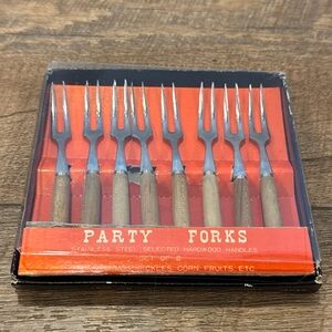 Vintage Party Condiment Forks, Harwood Handles & Stainless, Set of 8, Japan